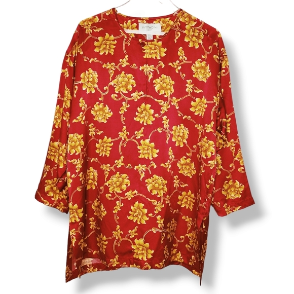 Vintage Vittadini Sport 100% Silk Red Gold Tunic Blouse Shirt Top Size Large - Picture 1 of 6